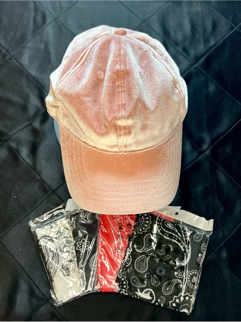Women's Pink Velvet Baseball Cap + 4 NEW Bandanas